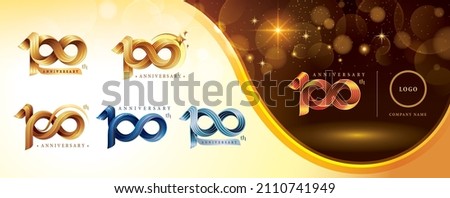 Set of 100th Anniversary logotype design, Hundred years anniversary celebration Logo. Twist Infinity multiple line golden for celebration event, invitation, greeting, 100 year Infinity loop logo