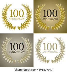 Set of 100th anniversary text with laurel leaves. Different golden colors.