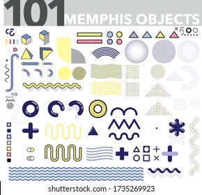 Set of 101 Memphis Style Vector Objects for Design and Illustration. Perfect for Business Cards, Websites, Packaging etc. Easy to Change Colour of the Elements.