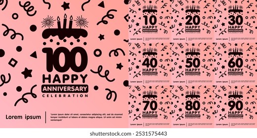 Conjunto de 10-100 Feliz aniversário logotipo isolado aniversário bolo e vela com confete linha doodle em fundo rosa. modelo de ilustração vetor design para web, folhetos, cartaz, saudação