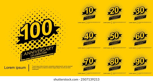 Set of 10-100 years anniversary celebration emblem. black logo isolated with ribbon on yellow background. vector illustration template design for web, flyers, poster, greeting card and invitation card