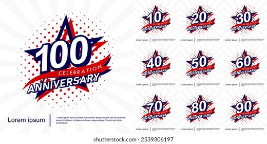 Set of 10-100 years anniversary celebration emblem. anniversary logo isolated with red ribbon and star . vector illustration template design for web, flyers, poster, invitation card, greeting card