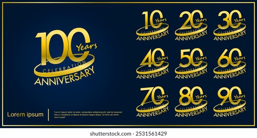 Conjunto de 10-100 años elegante logotipo de celebración de aniversario de oro aislado con anillo ovalado sobre fondo azul oscuro Diseño de Plantilla de Ilustración vectorial para Web, volantes, póster, tarjeta de invitación, saludo