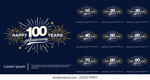 Set von 10-100 Jahren fröhlichen Jubiläums-Emblem-Logo mit Feuerwerk, funkeln, funkeln und Sterne. Vorlage für Vektorgrafik für Web, Flyer, Poster, Einladungskarte, Grußkarte