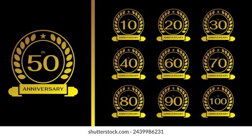 conjunto de celebraciones del 10-100 aniversario. logotipo de aniversario con círculo de oro de lujo y cinta de oro
