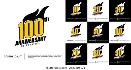 Set of 10-100th years anniversary celebration emblem. anniversary logo isolated with sparks - fireball on white background. vector illustration template design for web, flyers, poster, greeting card