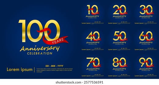 Set of 10-100th years anniversary celebration emblem. elegant golden anniversary logo isolated with red ribbon on dark blue background. vector illustration template design