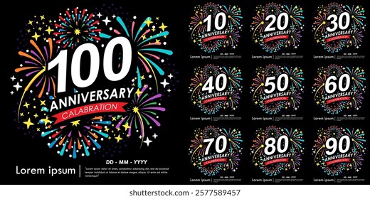 Set of 10-100th years anniversary celebration emblem. anniversary logo isolated with red ribbon, stars and fireworks sparkle twinkle. vector illustration template design