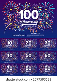 Set of 10-100th years anniversary celebration emblem. anniversary logo isolated with ribbon, sparkle, twinkle fireworks and stars. vector illustration template design for web, flyers, poster, greeting