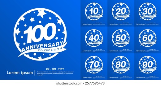 Set of 10-100th years anniversary celebration emblem. white anniversary logo isolated with ribbon and stars ball on blue background. vector illustration template design