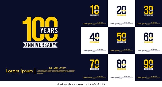 Set of 10-100th years anniversary celebration emblem. anniversary logo isolated with white ribbon on dark blue background. vector illustration template design for web, flyers, poster, greeting card