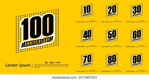 Set of 10-100th years anniversary celebration emblem. anniversary logo isolated with ribbon and polka dots pattern on yellow background. vector illustration template design