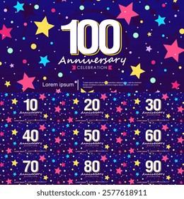 Set of 10-100th years anniversary celebration emblem. anniversary logo isolated with ribbon and stars twinkle sparkle. vector illustration template design for web, flyers, poster, greeting card