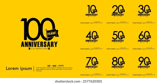 Set of 10-100th years anniversary celebration emblem. anniversary logo isolated with flag pole on yellow background. vector illustration template design for web, flyers, poster, greeting card