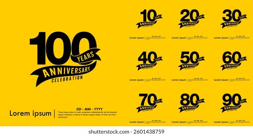 Set of 10-100th years anniversary celebration emblem. black anniversary logo isolated with ribbon on yellow background. vector illustration template design for web, flyers, poster, greeting card