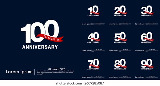 Set of 10-100th years anniversary celebration emblem. elegant anniversary logo isolated with red ribbon on dark blue background. vector illustration template design for web, flyers, poster, greeting