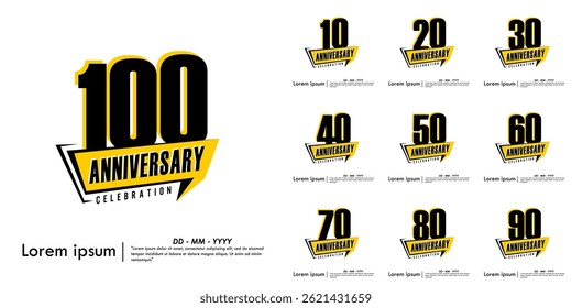 Set of 10-100th years anniversary celebration emblem. anniversary logo isolated with speech ribbon on white background. vector illustration template design for web, flyers, poster, greeting card