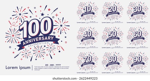 Conjunto de 10-100 anos emblema de celebração de aniversário. logotipo de aniversário isolado com fogos de artifício e estrelas cintilante e fita. modelo de ilustração vetorial para web, folhetos, cartaz, cartão de saudação