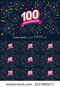 Set of 10-100th years anniversary celebration emblem. congratulations anniversary logo isolated with colorful fireworks and stars sparkle and ribbon. vector illustration template design