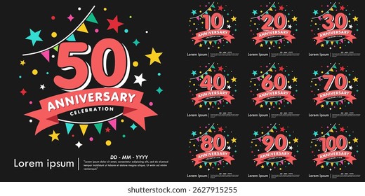 Set of 10-100th years anniversary celebration emblem. anniversary logo isolated with colorful stars and bunting flag and ribbon. vector illustration template design for web, flyers, poster, greeting