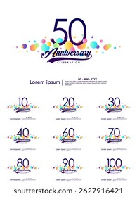 Set of 10-100th years anniversary celebration emblem. elegant anniversary logo isolated with ribbon and colorful circles and stars on white background. vector illustration template design