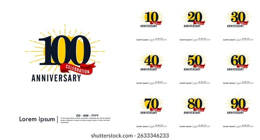 Set of 10-100th years anniversary celebration emblem. congratulations anniversary logo isolated with red ribbon and starburst on white background. vector illustration template design