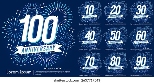 Set of 10-100th years anniversary celebration emblem. congratulations anniversary logo isolated with ribbon and fireworks sparkle on blue background. vector illustration template design for web