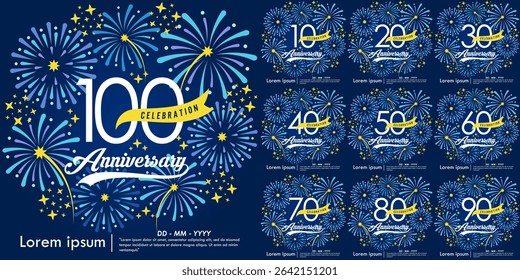 Set of 10-100th years anniversary celebration emblem. congratulations anniversary logo isolated with yellow ribbon and fireworks sparkle on blue background. vector illustration template design for web