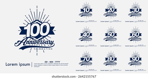 Set of 10-100th years anniversary celebration emblem. congratulations anniversary calligraphy isolated with laurel sunburst and ribbon on white background. vector illustration template design for web