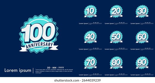 Set of 10-100th years anniversary celebration emblem. congratulation anniversary blue medal logo isolated with ribbon on blue background. vector illustration template design for web banner