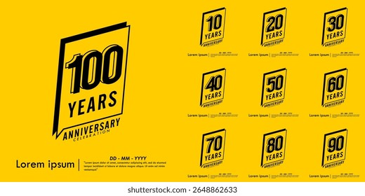 Set of 10-100th years anniversary celebration emblem. congratulations anniversary black logo isolated with speech ribbon badge on yellow background. vector illustration template design for web banner.