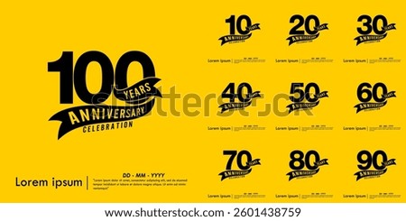 Set of 10-100th years anniversary celebration emblem. black anniversary logo isolated with ribbon on yellow background. vector illustration template design for web, flyers, poster, greeting card