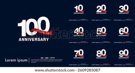 Set of 10-100th years anniversary celebration emblem. elegant anniversary logo isolated with red ribbon on dark blue background. vector illustration template design for web, flyers, poster, greeting