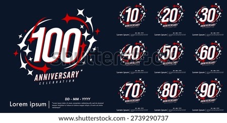 Set of 10-100th years anniversary celebration emblem. anniversary with red and white stars on black background. vector illustration template design for web banner