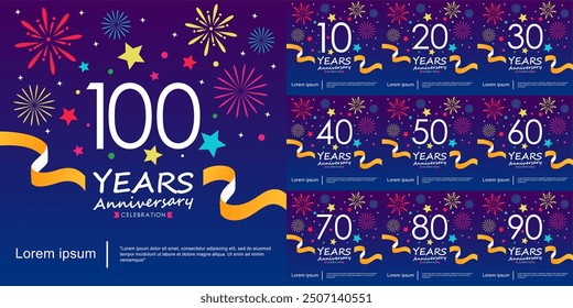 Set of 10-100years anniversary celebration logo isolated with Ribbon, Stars and Fireworks sparkle twinkle. vector illustration template design for web, flyers, poster, invitation card, greeting card