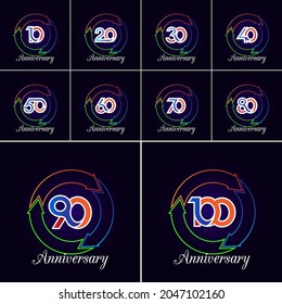 set 10,20,30,40,50,60,70,80,90 Years Anniversary label isolated on black, vector with shadow
