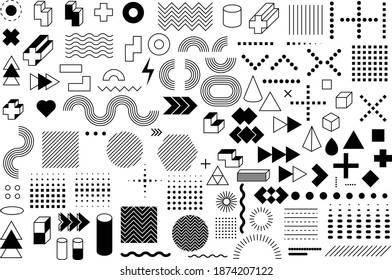 Set of 103 geometric shapes. Memphis design, retro elements for web, vintage, advertisement, commercial banner, poster, leaflet, billboard, sale. Collection trendy halftone vector geometric shapes.