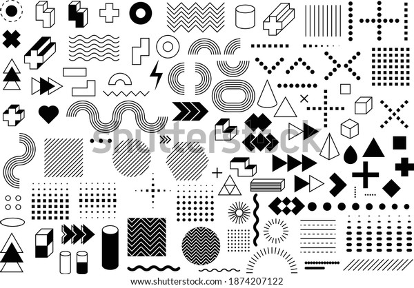 Set of 103 geometric shapes. Memphis design,\
retro elements for web, vintage, advertisement, commercial banner,\
poster, leaflet, billboard, sale. Collection trendy halftone vector\
geometric shapes.