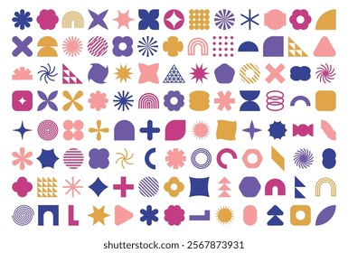 Set of 104 retro geometric shapes set. Brutalist style abstract elements. Vector illustration 