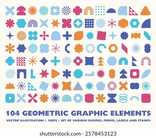 Set of 104 retro geometric shapes set. Brutalist style abstract elements. Vector illustration 