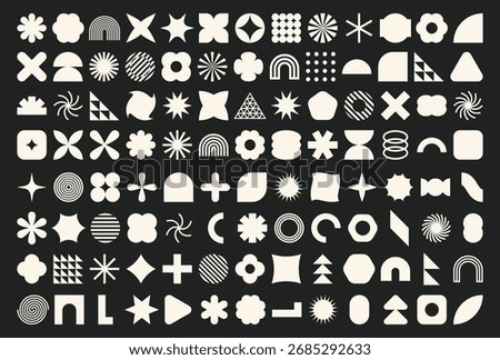 Set of 104 retro geometric shapes set. Brutalist style abstract elements. Vector illustration 