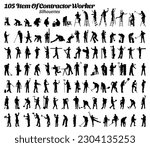 Set of 105 item contractor worker silhouette vector illustration.