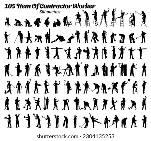 Set of 105 item contractor worker silhouette vector illustration.