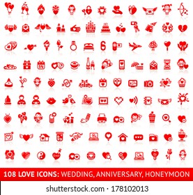 Set of 108 love red wedding icons. Vector illustrations, red silhouettes isolated on white background