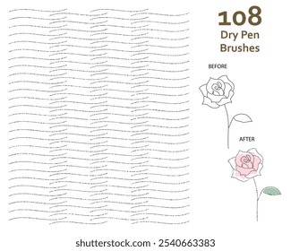 Set of 108 medium dry pen art brushes with unique texture for poster lettering, typography, text, font making, story book, animation, illustration. Compatible with Adobe Illustrator CS6 and above.