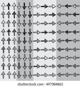 Set of 108 vector hand drawn,  doodled arrows. Ideal as icons or pointers. Each arrow have different texture. Grouped, ready to use!
