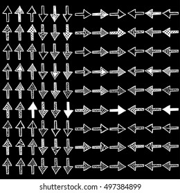 Set of 108 vector hand drawn, doodled arrows.  Ideal as icons or pointers. Each arrow have different texture. Grouped, ready to use!