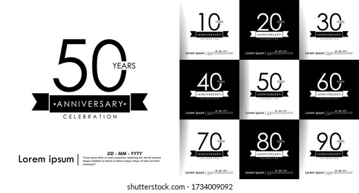 set of 10-90th anniversary celebration logo isolated with ribbon on black & white background. vector illustration template design for web, flyers, poster, invitation card or greeting card