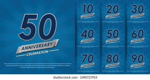 set of 10-90th elegance silver anniversary celebration emblem with ribbon on blue background. anniversary logo design for web, poster, booklet, leaflet, magazine, greeting card and invitation card
