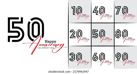 set of 10th -90th anniversary celebration emblem. Black and Red colour anniversary logo isolated . vector illustration template design for web, poster, flyers, greeting card and invitation card